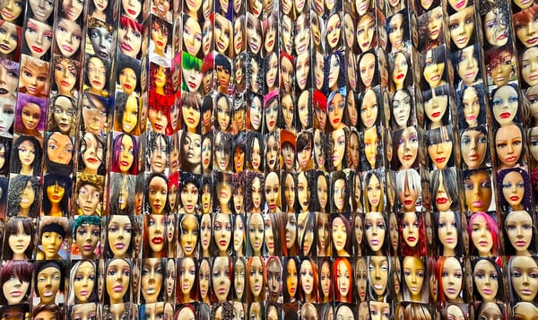 a cropped image of the brilliant art piece by Lisa Jarrett, '503 portraits of wig mannequins and 1 portrait of Diana Ross' at the portland art museum.