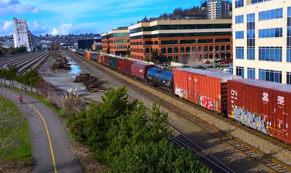 a photograph of a semi-urban city. multi-colored train cars stretch from the upper-left to lower-right of the picture. the tr