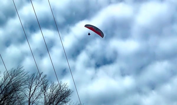 a paraglider flying in the air above a tree and some power lines