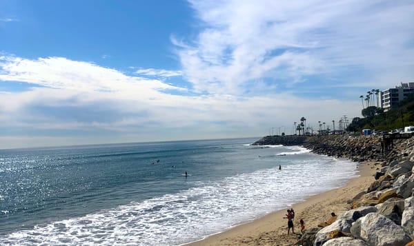 a beach in los angeles, california. a family plays together on the beach