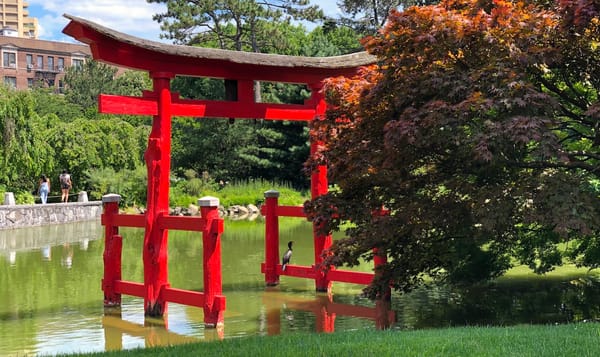 a red Japanese gate in the water