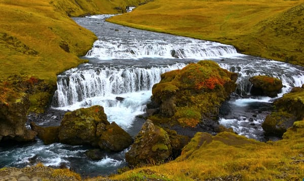 a river leading to a wide waterfall onto volcanic rock and moss