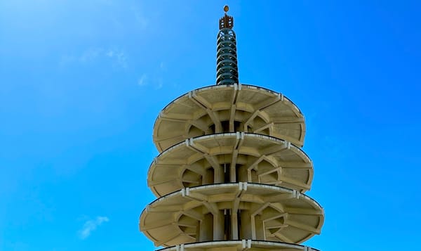 the top three tiers of the japanese peace pagoda in san francisco, california