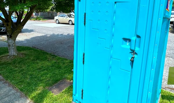 a residential area with a locked portable toilet