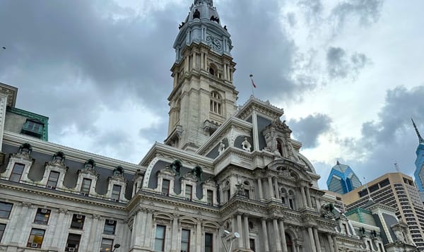 philadelphia's city hall with gray clouds overhead