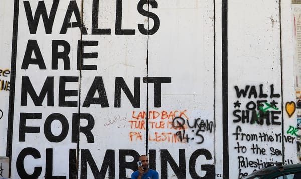 cropped photo of a wall in Palestine with graffiti that reads "walls are meant for climbing," "land back / turtle island / pa