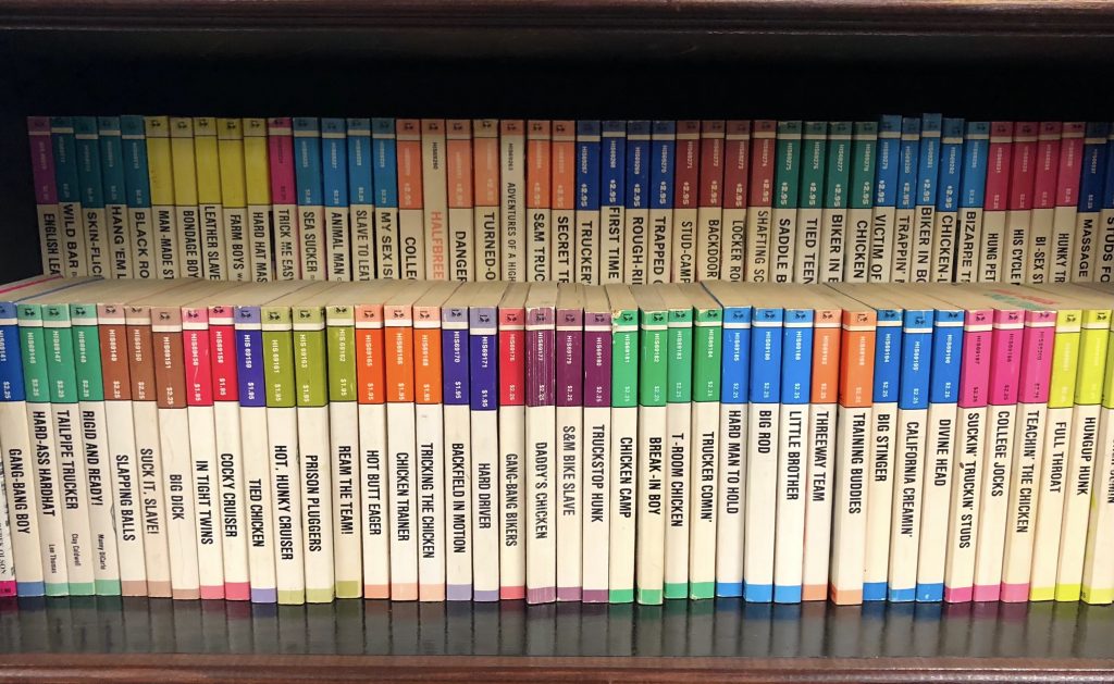 a photo of a shelf of pulp fiction titles from the very-worth-it Leather Archives & Museum in Chicago. these novels look like the Penguin Classics of gay erotica. each book's risqué title is written in a bold all-caps black font on a white background. a single block of color runs across the top of each book's spine. identical colors are shelved together but not in a gradient, more like a patchwork rainbow. the first version of this caption contained a lot more accidental innuendo. i decided the books should speak for themselves.
