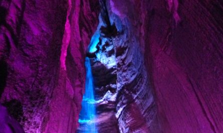 a photo of ruby falls, a high waterfall inside a cavern that are lit up magenta and blue