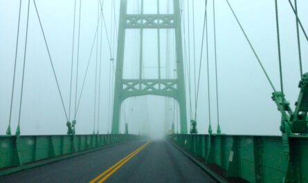 a green bridge shrouded in fog