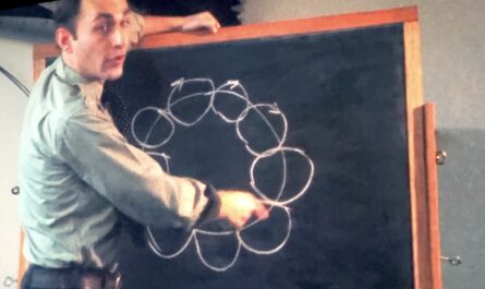 a man pointing to circles on a chalkboard
