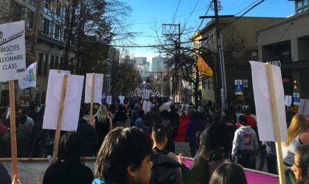 a group of people marching in a city down a road stretching several blocks