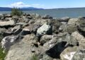 a cluster of large rocks create a seawall between the land and ocean
