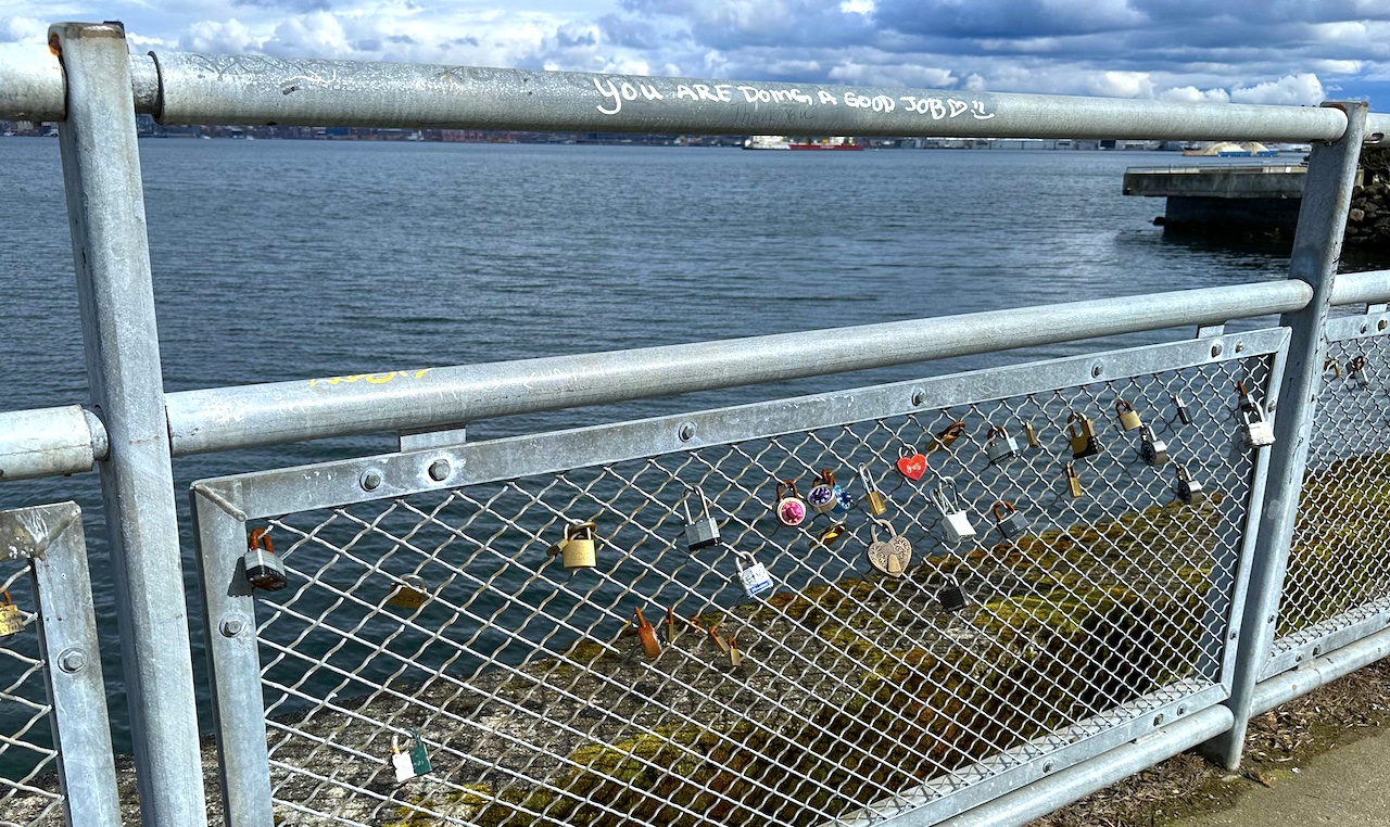 a chain link fence along the waterfront overlooking the puget sound. on a handrail someone has written "you're doing a good job"