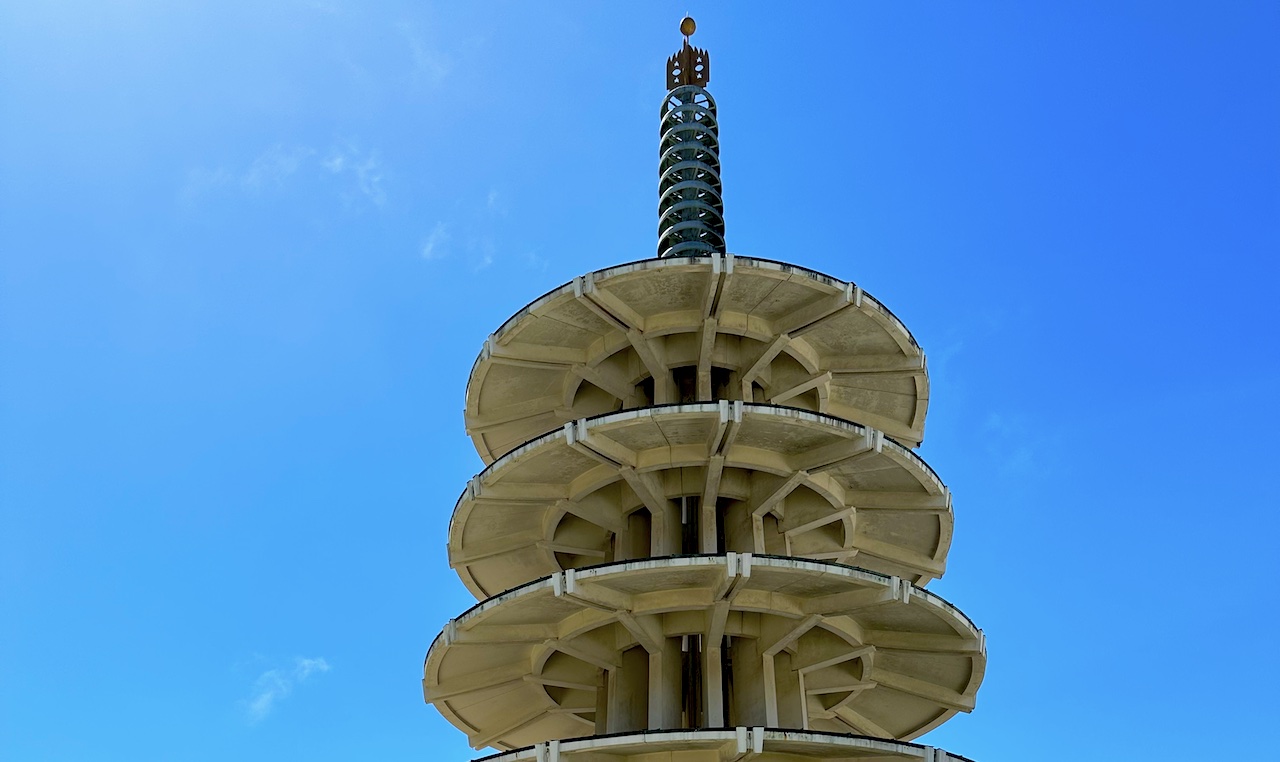 the top three tiers of the japanese peace pagoda in san francisco, california