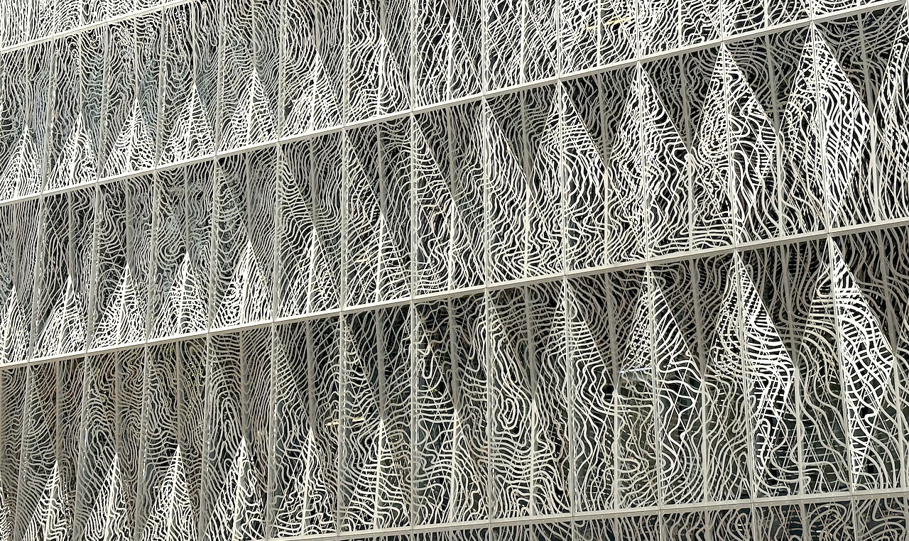closeup of the exterior facade designed by artist Jan Hendrix