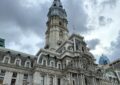 philadelphia's city hall with gray clouds overhead