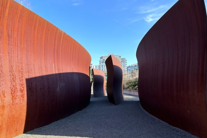 oxidized sheet metal undulating in richard serra's "waves"