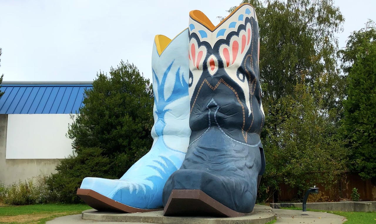 a very giant pair of boots at seattle's oxbow park