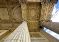 looking upward at the ceiling of the entrance to the Pantheon in Paris, France