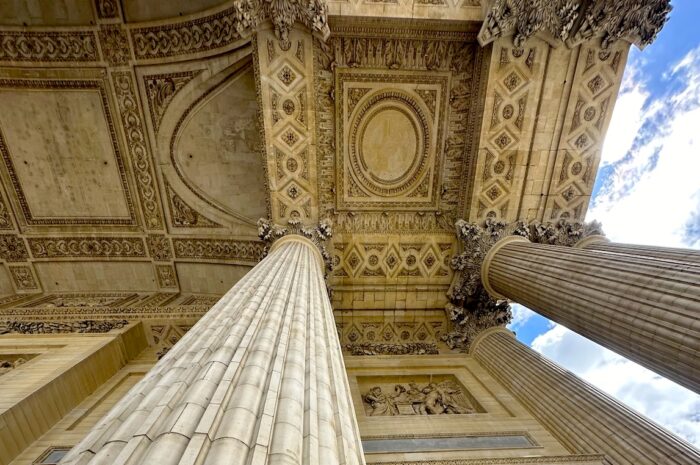 looking upward at the ceiling of the entrance to the Pantheon in Paris, France