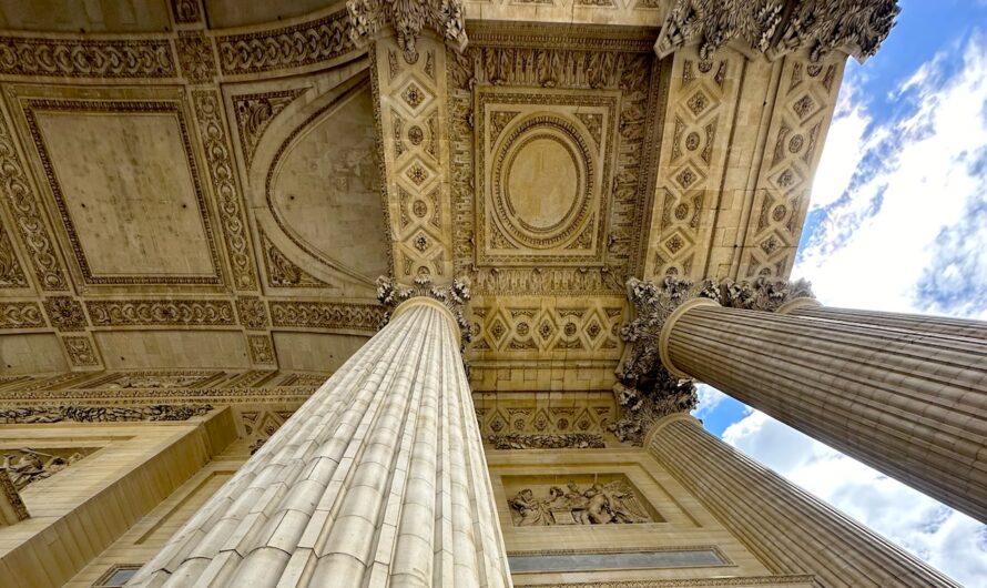 looking upward at the ceiling of the entrance to the Pantheon in Paris, France