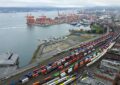 traincars line up across several tracks in vancouver B.C.'s waterfront