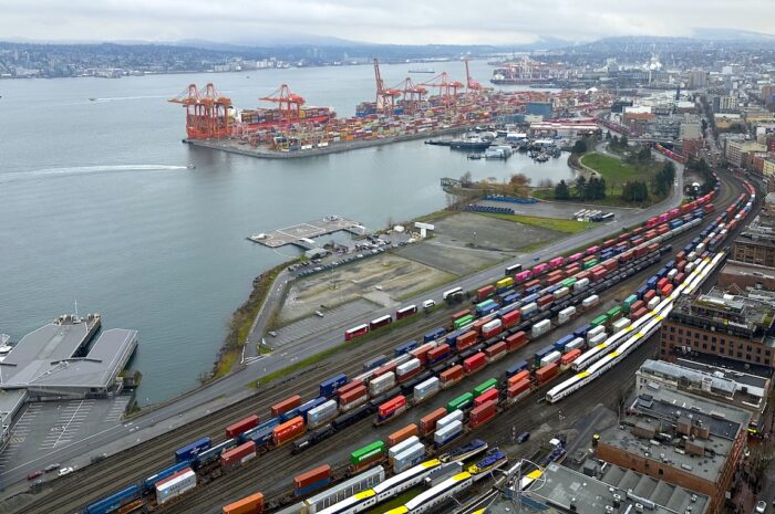 traincars line up across several tracks in vancouver B.C.'s waterfront