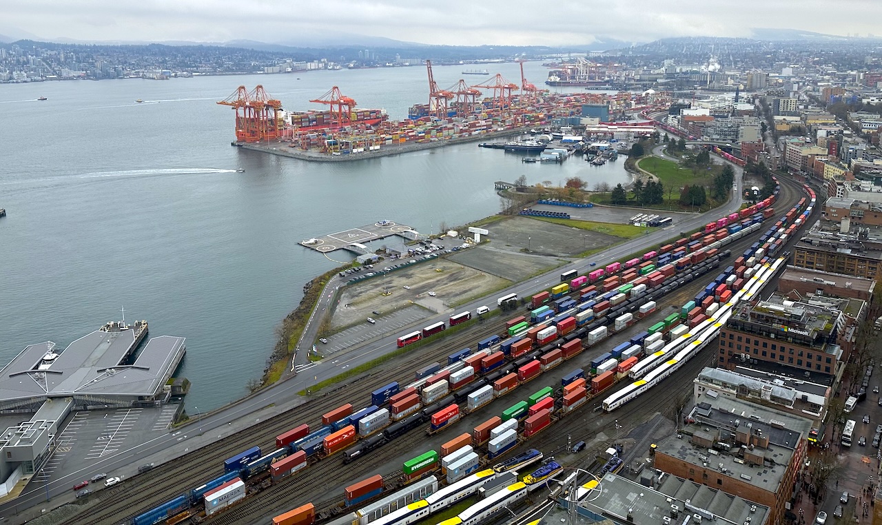 traincars line up across several tracks in vancouver B.C.'s waterfront